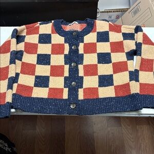 Madewell Cardigan Sweater, size S, Navy, Tan, & Rust checkered pattern